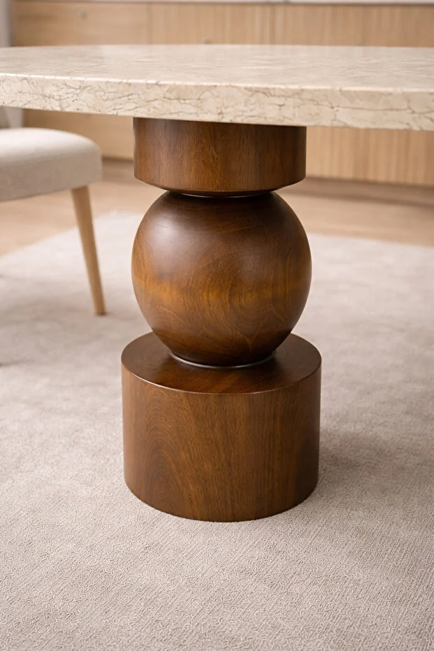 Modern Tasarım Traverten Üstlü Masif Ahşap Torna Ayaklı Yemek Masası 180x80cm